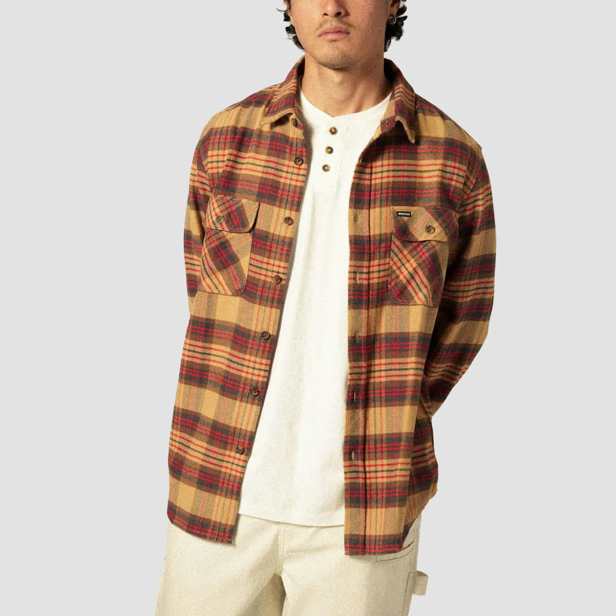 Brixton Bowery Flannel Longsleeve Shirt Curry/Washed Black/Crimson - Image 2