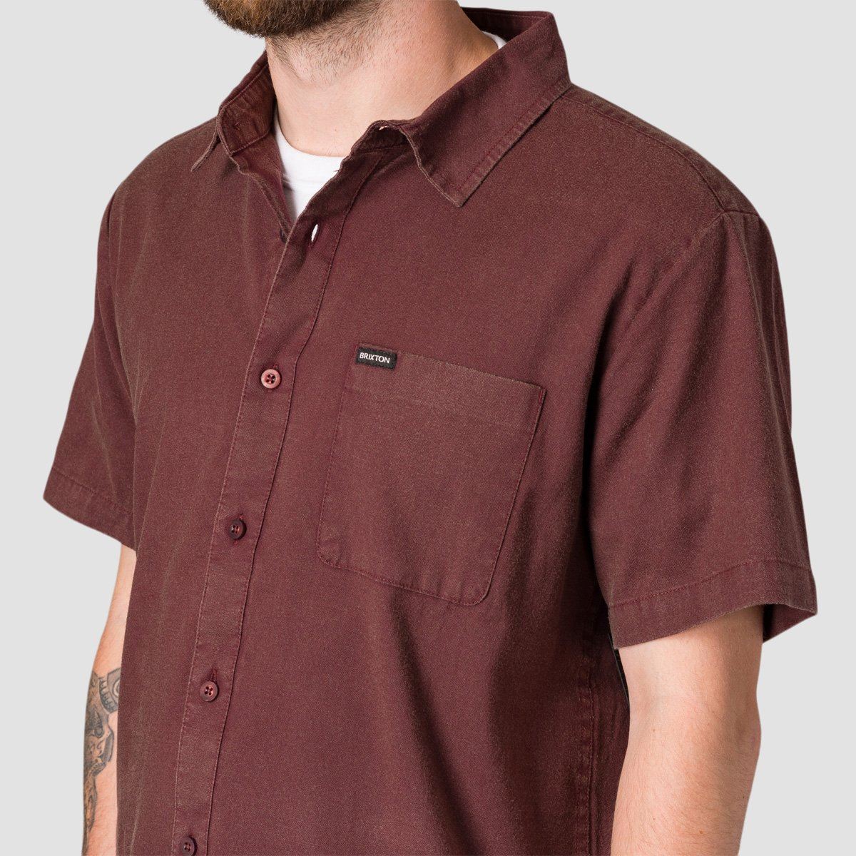 Brixton Charter Oxford Short Sleeve Woven Shirt Wine Sun Wash - Image 2