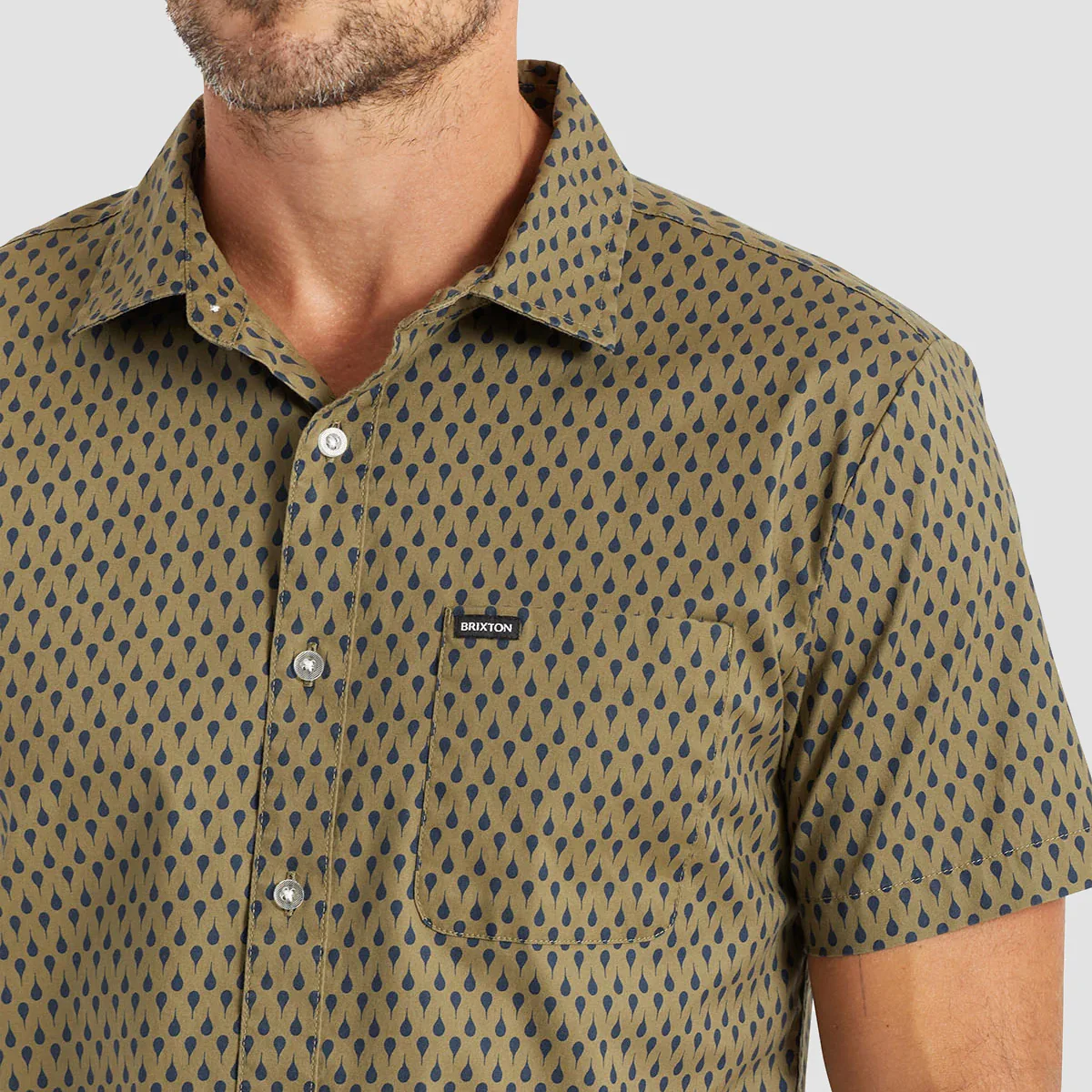 Brixton Charter Print Short Sleeve Woven Shirt Military Olive/Navy - Image 3