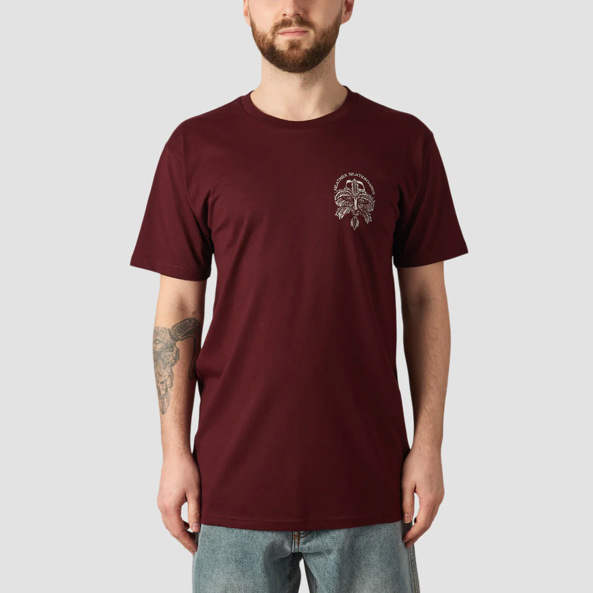 Heathen Green Man Mono T-Shirt Burgundy - Image 2
