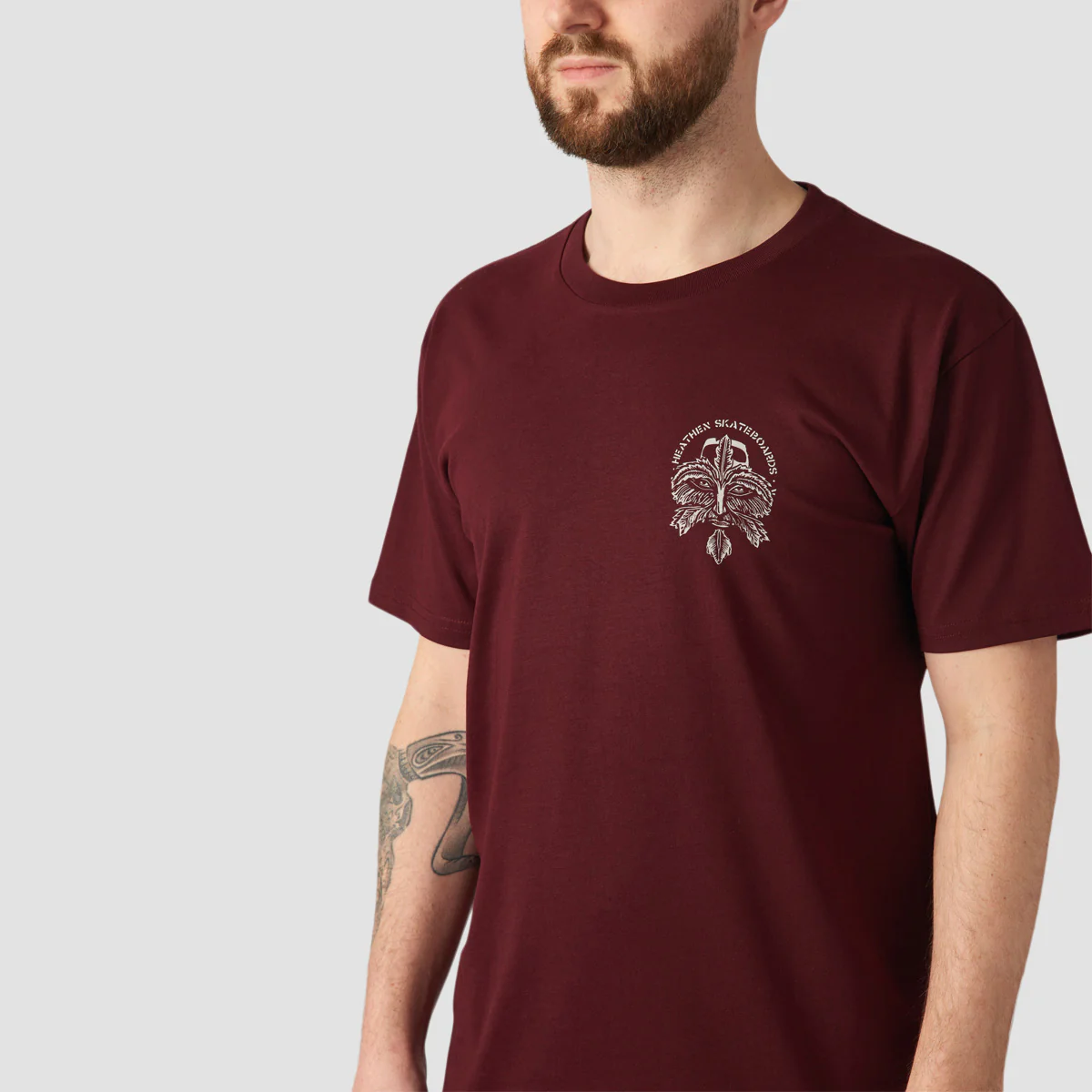 Heathen Green Man Mono T-Shirt Burgundy - Image 3