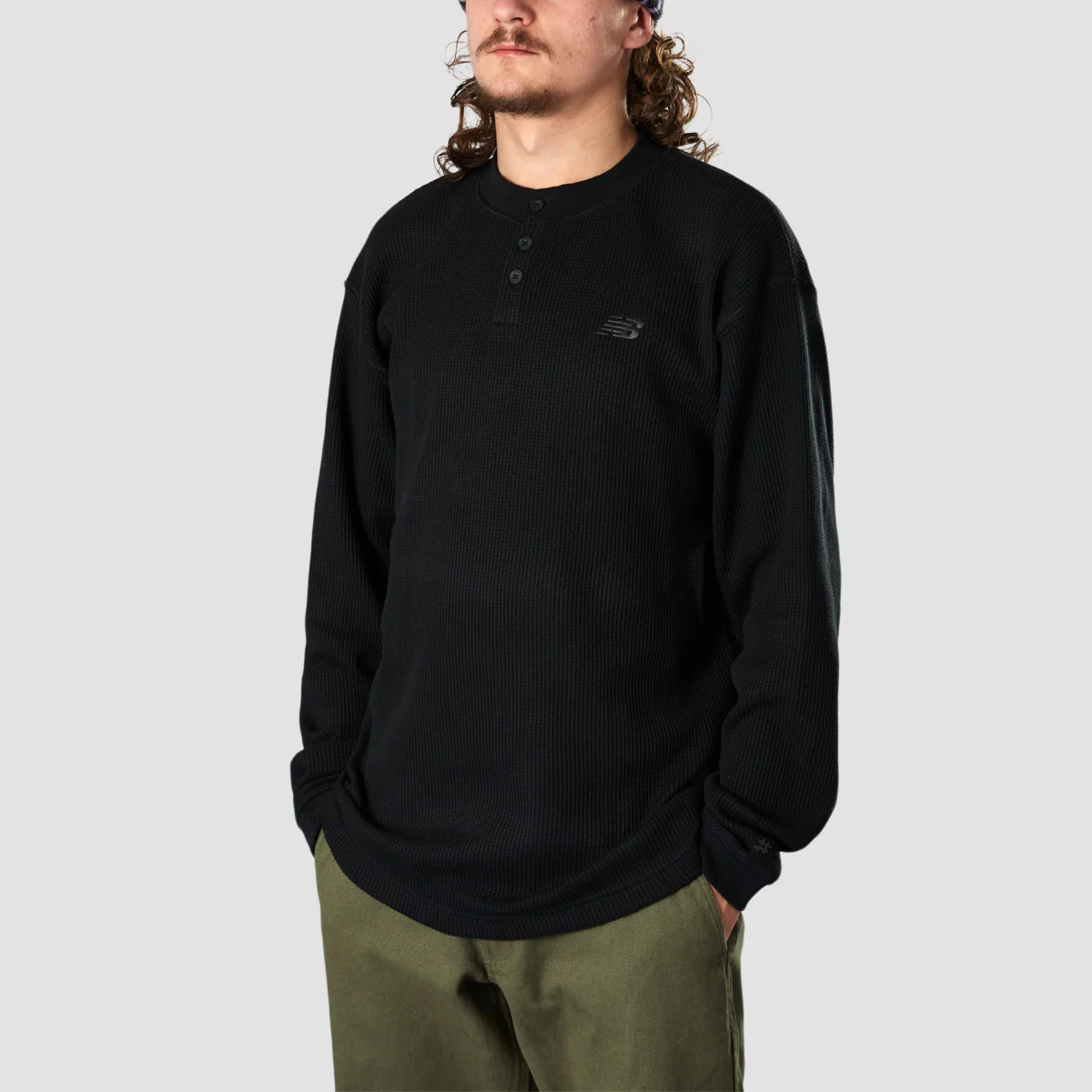 New Balance Waffle Knit Longsleeve Henley T-Shirt Black - Image 2