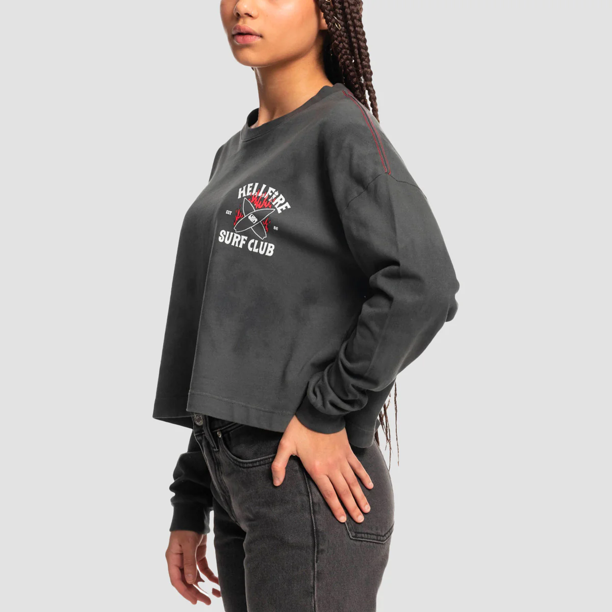 Quiksilver x Stranger Things 86 Oversized Cropped Longsleeve T-Shirt Black Upside Down - Womens - Image 2